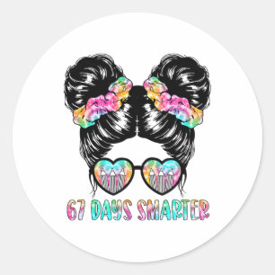 67 Days Smarter Messy Hair Bun Girls Kids 6 7 Meme Classic Round Sticker