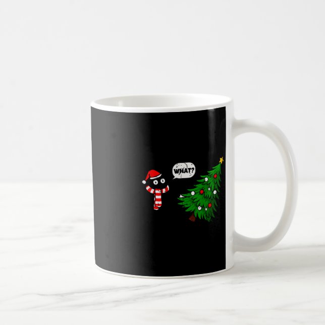 67 Funny Black Cat Pushing Christmas Tree Over Cat Coffee Mug (Right)