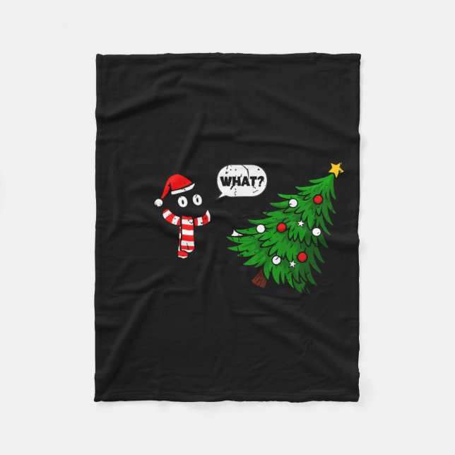 67 Funny Black Cat Pushing Christmas Tree Over Cat Fleece Blanket (Front)