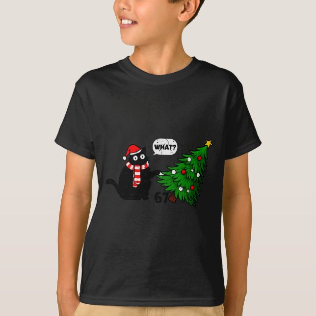 67 Funny Black Cat Pushing Christmas Tree Over Cat T-Shirt (Front)