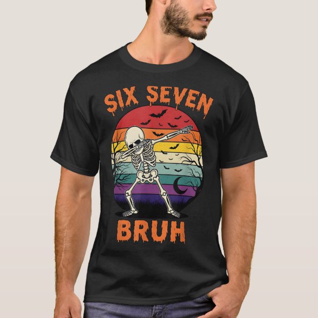 67 Halloween Meme Six Seve Skeleton Numbers Funny  T-Shirt (Front)