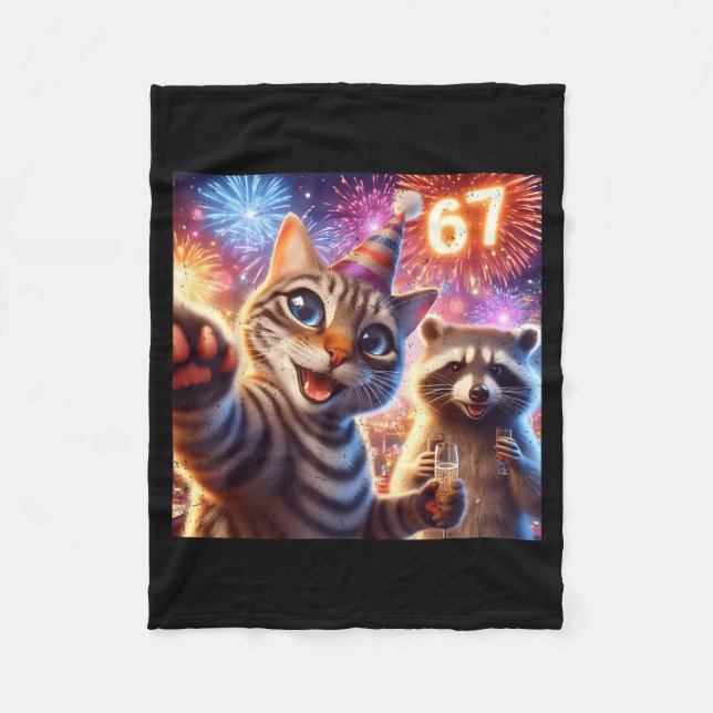 67 Meme Cat Raccoon New Year Selfie Funny Birthday Fleece Blanket (Front)