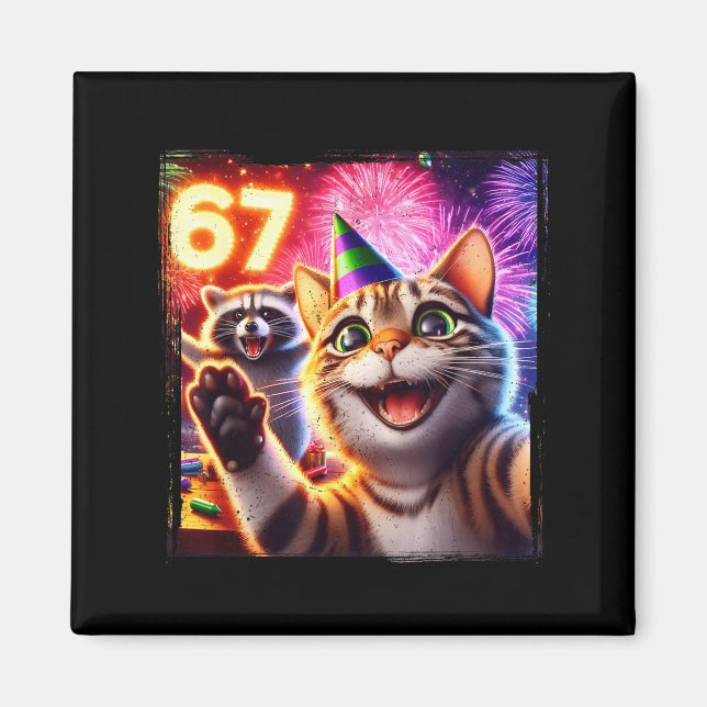 67 Meme Cat Raccoon New Year Selfie Funny Birthday Magnet (Front)
