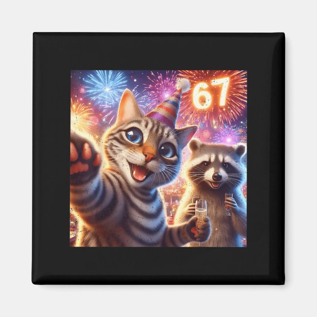 67 Meme Cat Raccoon New Year Selfie Funny Birthday Magnet (Front)