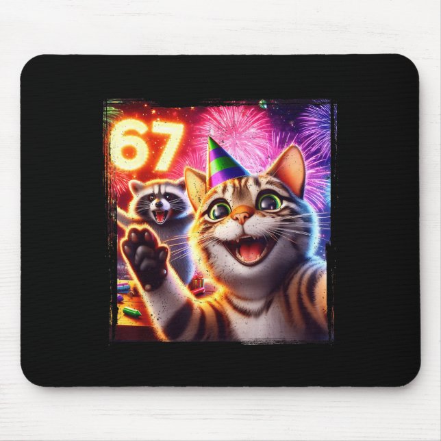67 Meme Cat Raccoon New Year Selfie Funny Birthday Mouse Mat (Front)