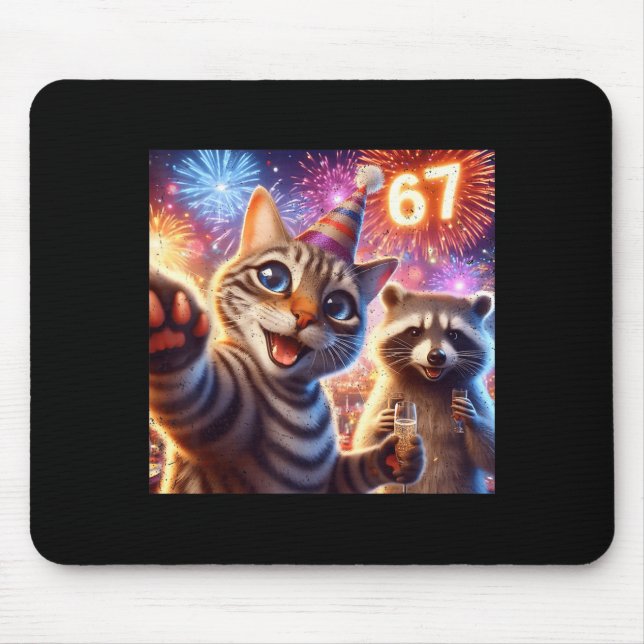 67 Meme Cat Raccoon New Year Selfie Funny Birthday Mouse Mat (Front)