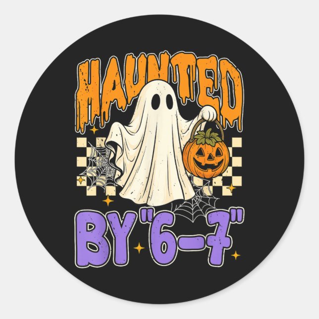 67 Meme Halloween Haunted- Funny Ghost And Pumpkin Classic Round Sticker (Front)