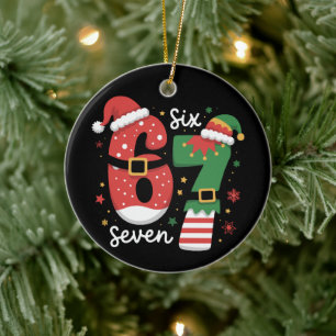 67 Meme Six Seven Elf Christmas Santa Hat Ceramic Tree Decoration