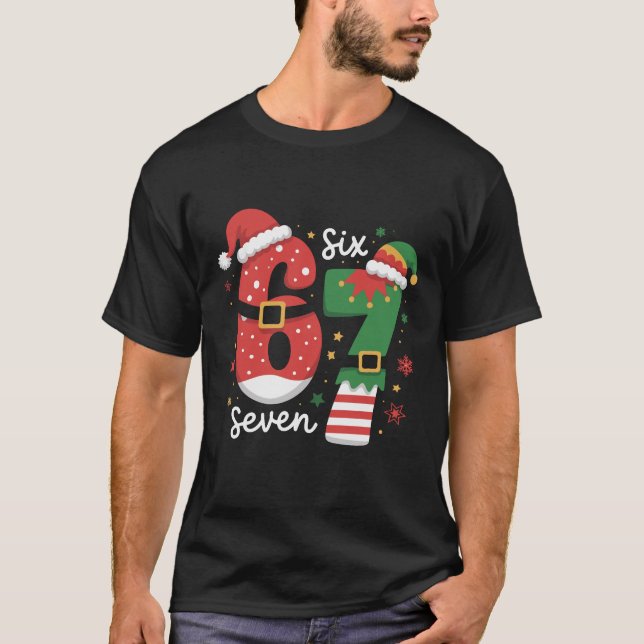 67 Meme Six Seven Elf Christmas Santa Hat T-Shirt (Front)