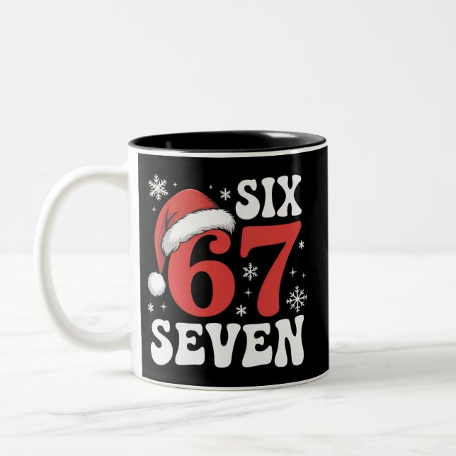 67 Santa Hat Christmas Six Seven Funny Sayings Two-Tone Coffee Mug (Left)