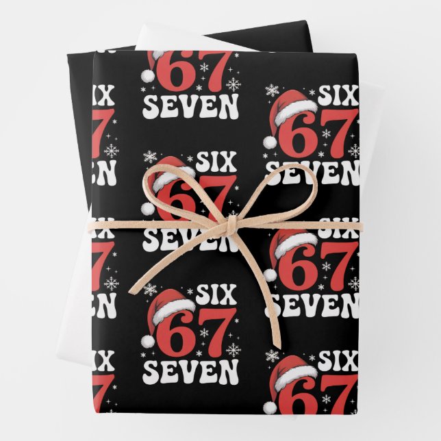 67 Santa Hat Christmas Six Seven Funny Sayings Wrapping Paper Sheet (In situ)