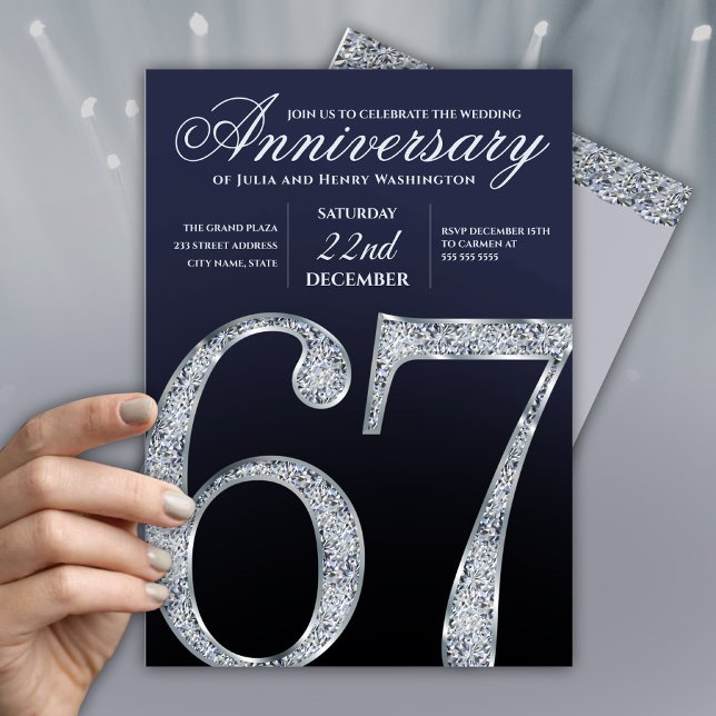 67th Anniversary Diamond Silver Navy Blue Modern Invitation (Creator Uploaded)