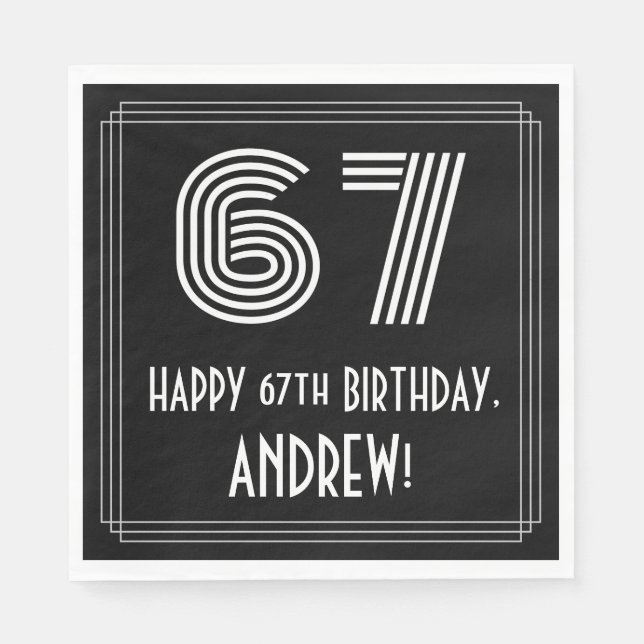 67th Birthday: Art Deco Inspired Look "67" + Name Napkin (Front)