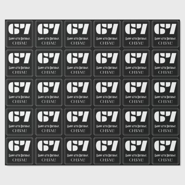 67th Birthday: Art Deco Inspired Look "67" & Name Wrapping Paper (Seam)