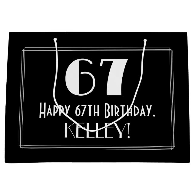 67th Birthday: Art Deco Inspired Style "67", Name Large Gift Bag (Front)