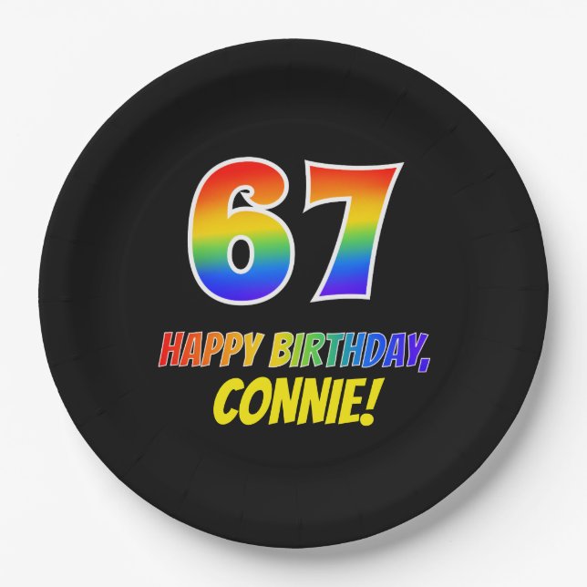 67th Birthday: Bold, Fun, Simple, Rainbow 67 Paper Plate (Front)