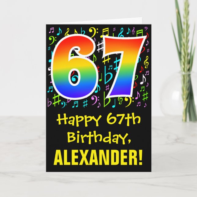 67th Birthday: Colorful Music Symbols + Rainbow 67 Card (Front)