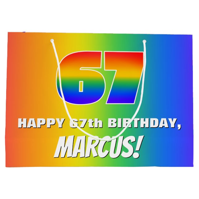 67th Birthday: Colourful, Fun Rainbow Pattern # 67 Large Gift Bag (Back)