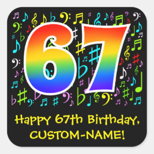 67th Birthday: Colourful Music Symbols, Rainbow 67 Square Sticker