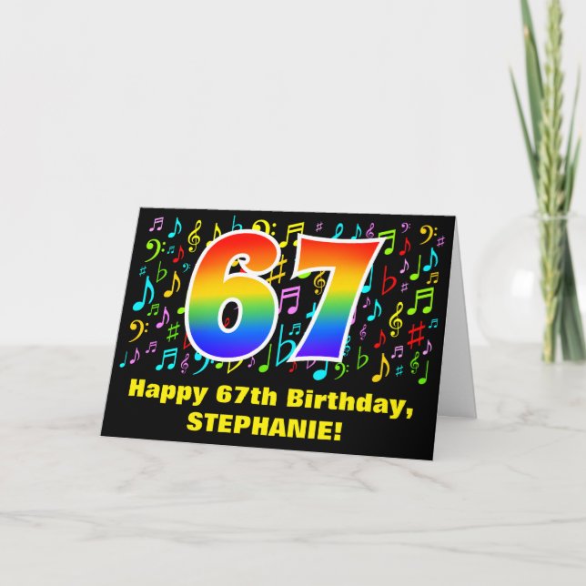 67th Birthday: Colourful Music Symbols & Rainbow 6 Card (Front)