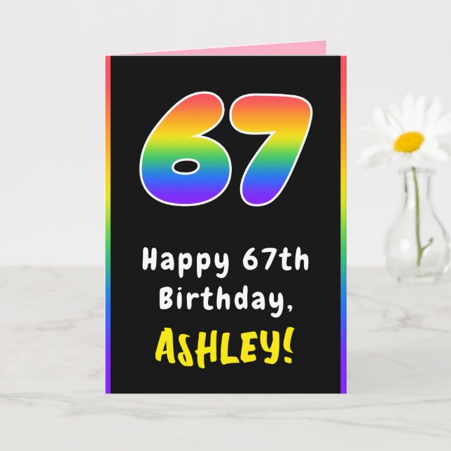 67th Birthday: Colourful Rainbow # 67, Custom Name Card (Small Plant)