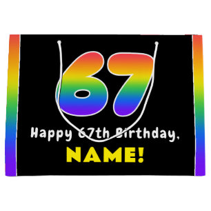 67th Birthday: Colourful Rainbow # 67, Custom Name Large Gift Bag