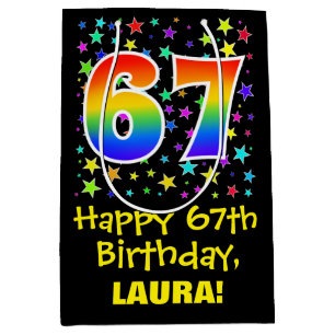 67th Birthday: Colourful Stars Pattern & Rainbow 6 Medium Gift Bag