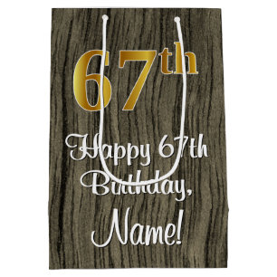67th Birthday: Elegant Faux Gold Look #, Faux Wood Medium Gift Bag