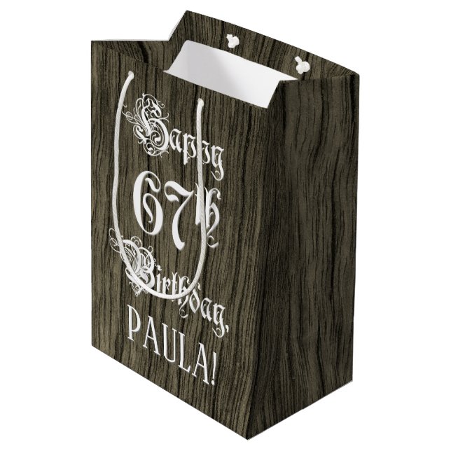 67th Birthday: Fancy, Faux Wood Look + Custom Name Medium Gift Bag (Back Angled)