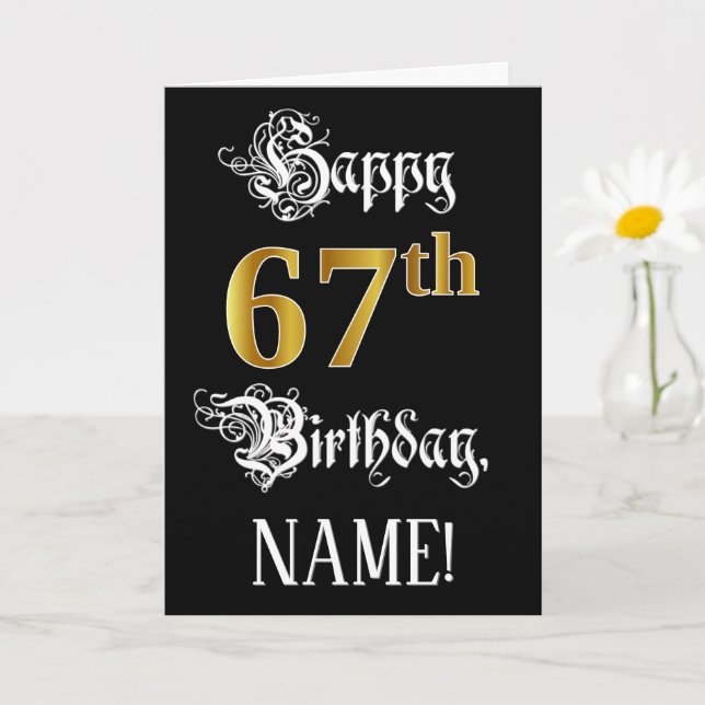 67th Birthday — Fancy Script; Faux Gold Look; Name Card (Small Plant)