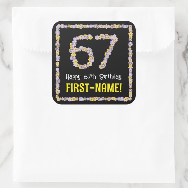 67th Birthday: Floral Flowers Number, Custom Name Square Sticker (Bag)