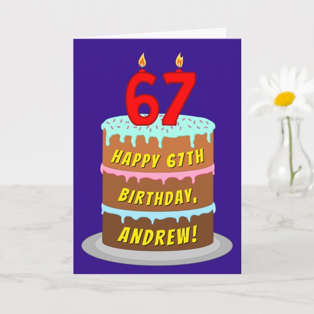 67th Birthday: Fun Cake and Candles + Custom Name Card (Small Plant)