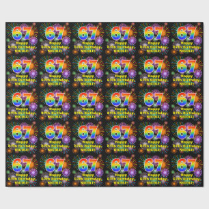 67th Birthday: Fun Fireworks, Rainbow Look # “67” Wrapping Paper