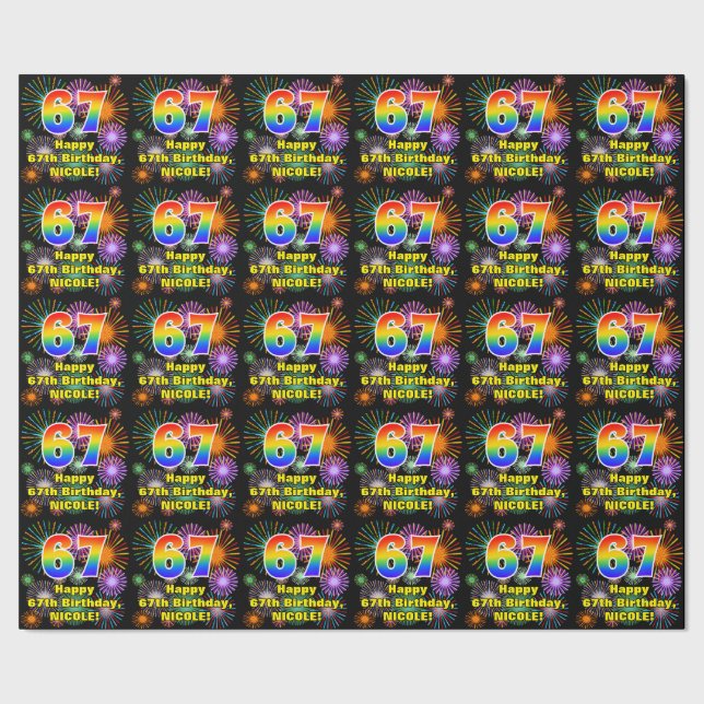 67th Birthday: Fun Fireworks, Rainbow Look # “67” Wrapping Paper (Seam)