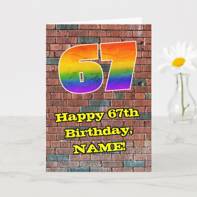 67th Birthday: Fun Graffiti-Inspired Rainbow 67 Card (Small Plant)