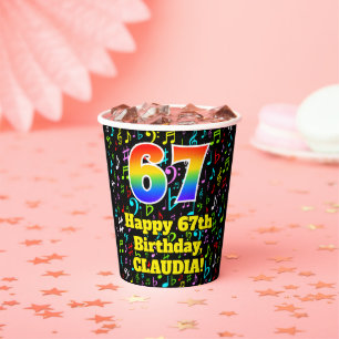 67th Birthday: Fun Music Notes Pattern, Rainbow 67 Paper Cups