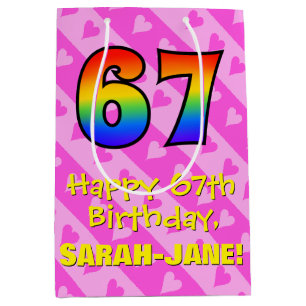 67th Birthday: Fun Pink Hearts Stripes; Rainbow 67 Medium Gift Bag