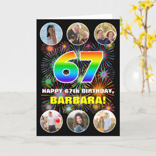 67th Birthday: Fun Rainbow #, Custom Name & Photos Card