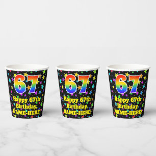 67th Birthday: Fun Stars Pattern and Rainbow 67 Paper Cups