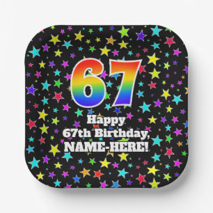 67th Birthday: Fun Stars Pattern and Rainbow “67” Paper Plate