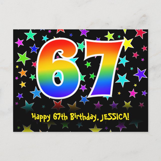67th Birthday: Fun Stars Pattern, Rainbow 67, Name Postcard (Front)