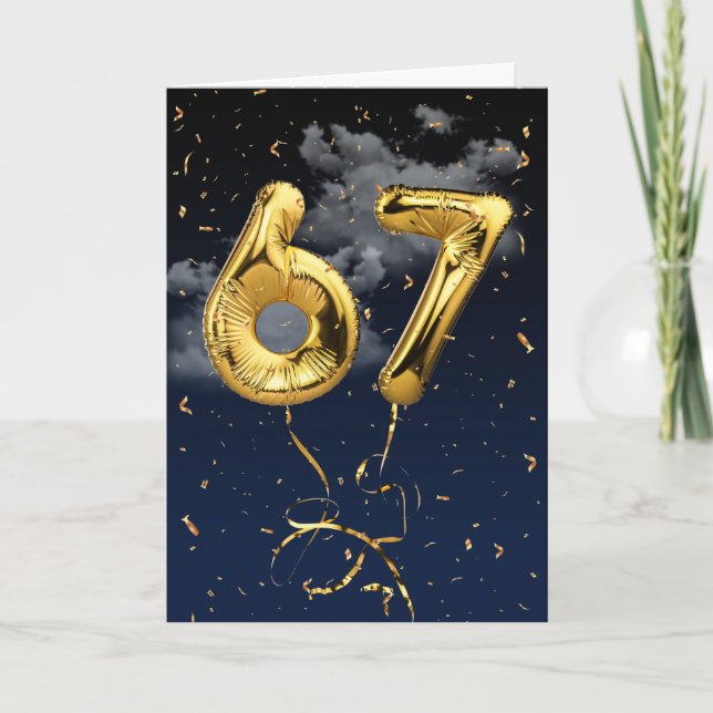 67th Birthday Gold Mylar Balloon and Confetti Card (Front)