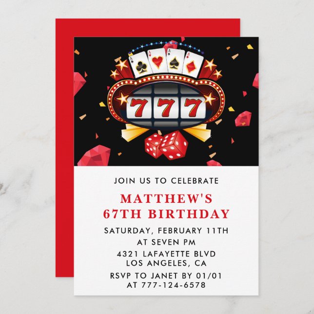 67th birthday invitations Casino theme Poker Red (Front/Back)