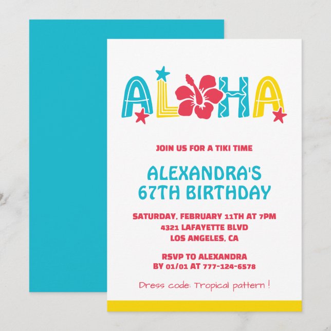 67th birthday invitations Tropical Aloha Hawaiian (Front/Back)
