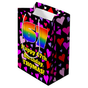67th Birthday: Loving Hearts Pattern, Rainbow # 67 Medium Gift Bag