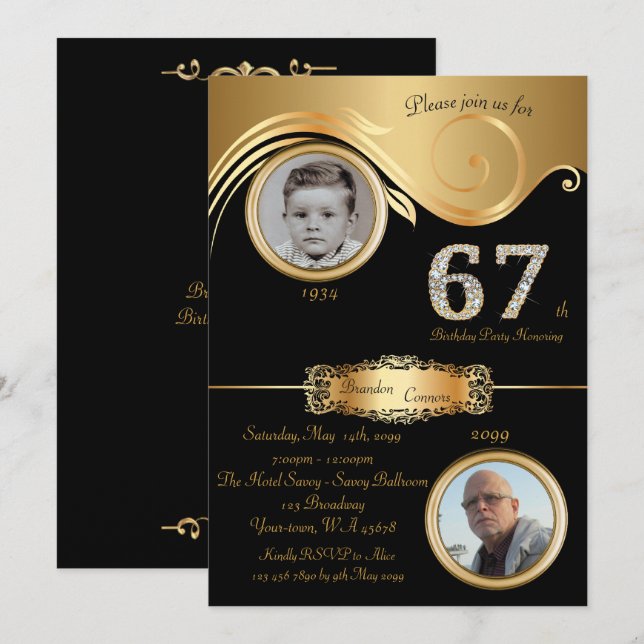 67th,Birthday Man 67th,elegant art deco,black gold Invitation (Front/Back)