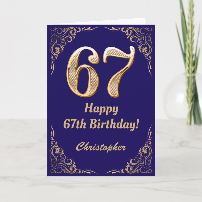 67th Birthday Navy Blue and Gold Glitter Frame Card (Front)