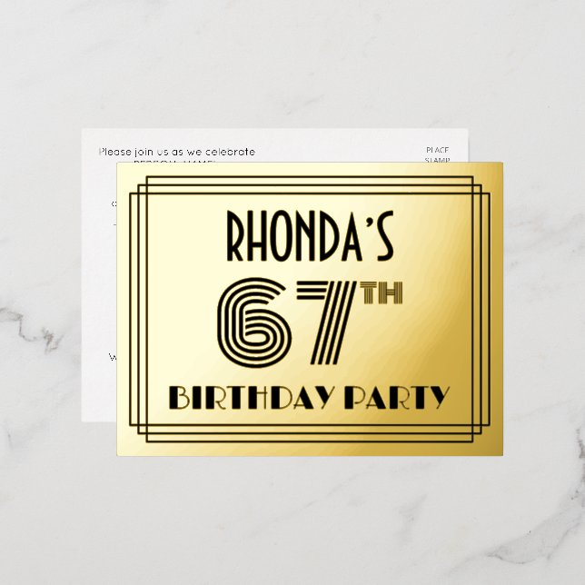 67th Birthday Party ~ Art Deco Style “67” + Name Foil Invitation Postcard (Front/Back)
