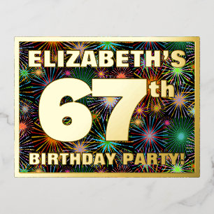 67th Birthday Party: Bold, Colourful Fireworks Loo Foil Invitation Postcard
