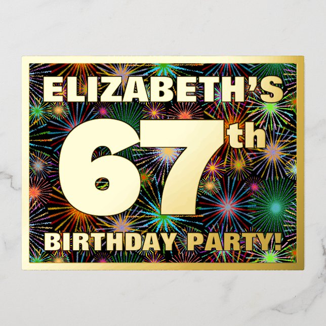 67th Birthday Party: Bold, Colourful Fireworks Loo Foil Invitation Postcard (Front)